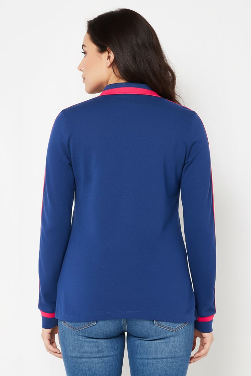 LACOSTE Women Spread Collar Embroidered Logo Long Sleeves Polo Shirts, Navy - Image 4
